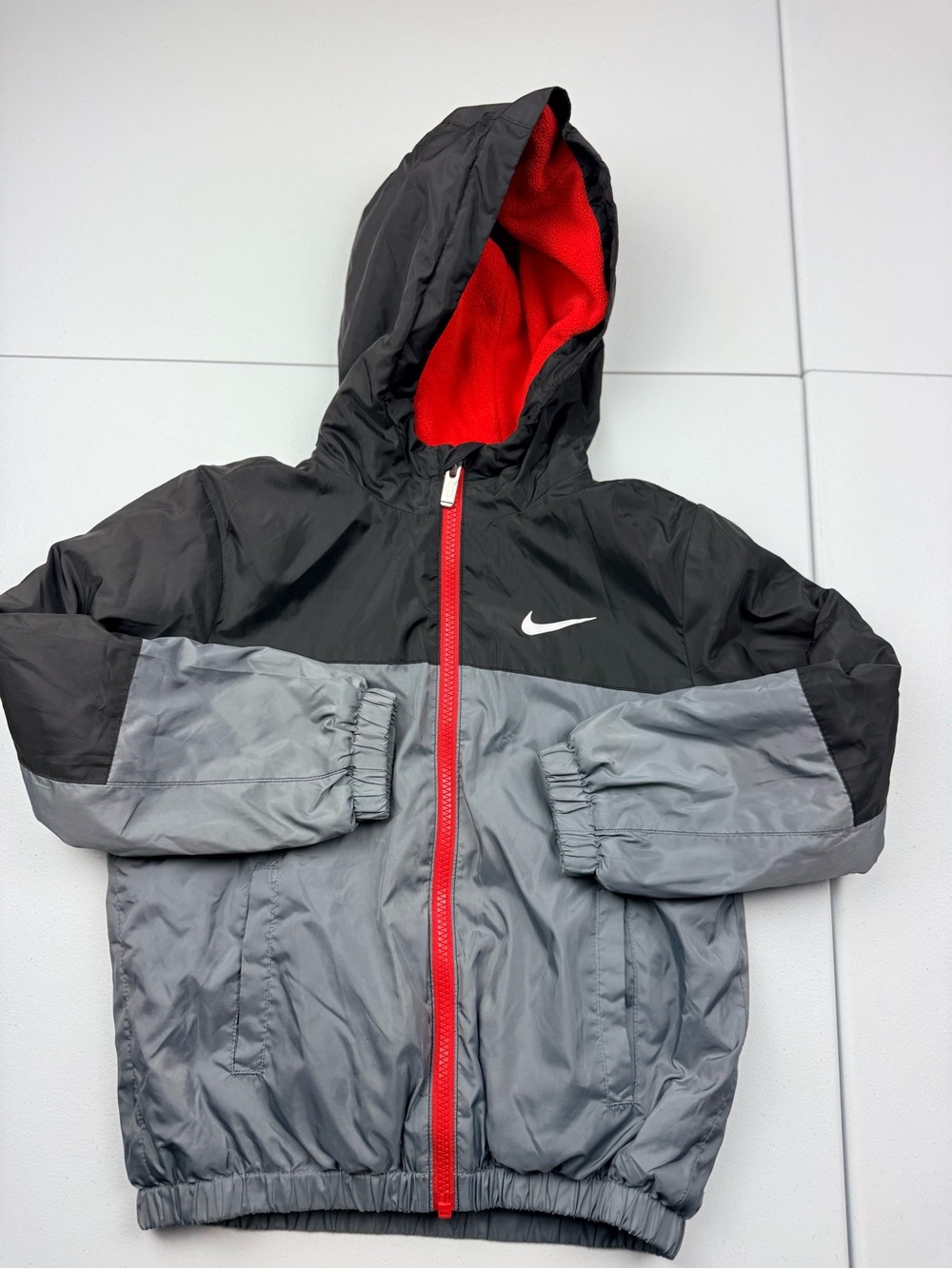 Nike Kids Black & Gray Hooded Puffer Jacket with Red Lining